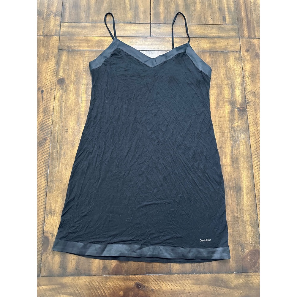 Calvin Klein Sleepwear Womens Black Satin Trim Chemise Nightgown Size L